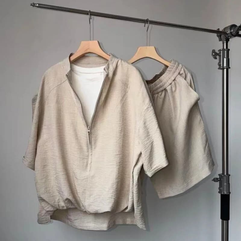 Men Summer Old Money Cotton Linen 2 Piece Sets Half Zip Short Sleeve Top Elastic Waist Shorts Casual Outfits