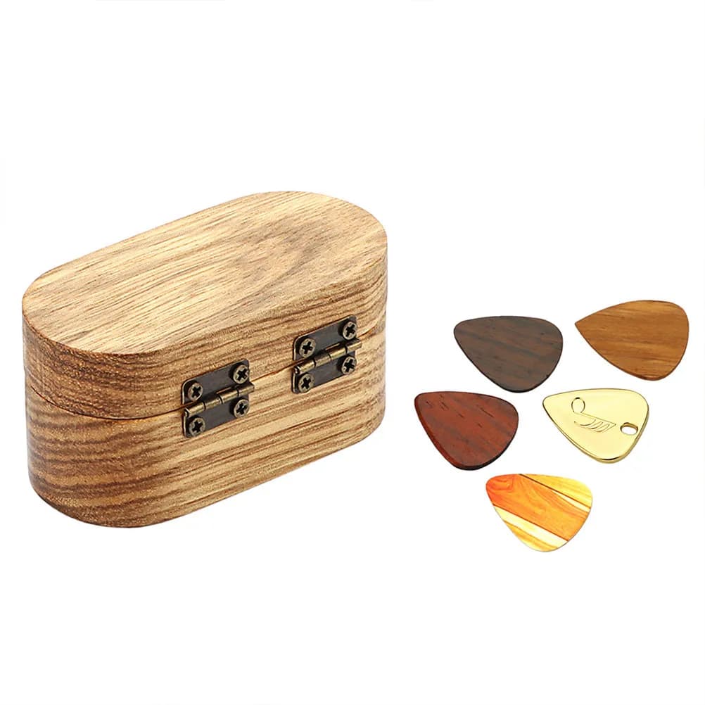 1Set Wooden Guitar Pick Storage Box Set Walnut Crafted with 5 Different Thickness Picks for Acoustic Electric Bass Guitar