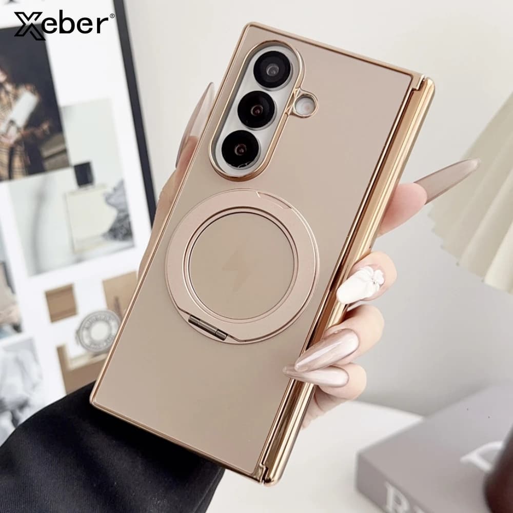 Custodia Magnetica Protettiva con Cerniera Placcata per Samsung Galaxy Z Fold 7 6 8 Wide 5 4, Supporto Girevole per Ricarica Wireless Magsafe