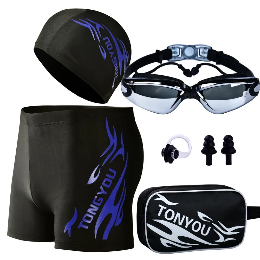 5 pieces men's glasses swim cap pants Outfit Trunks Boxer men's hot spring Big Yards loose swimsuit for adults
