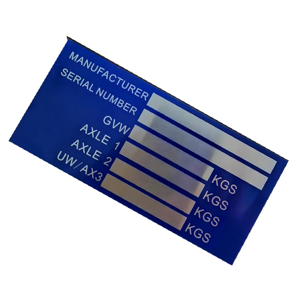 Boat trailer frame plate, VIN and empty axle weight, 140mm x 65mm, identification number, 5 pack, for vehicles and trucks