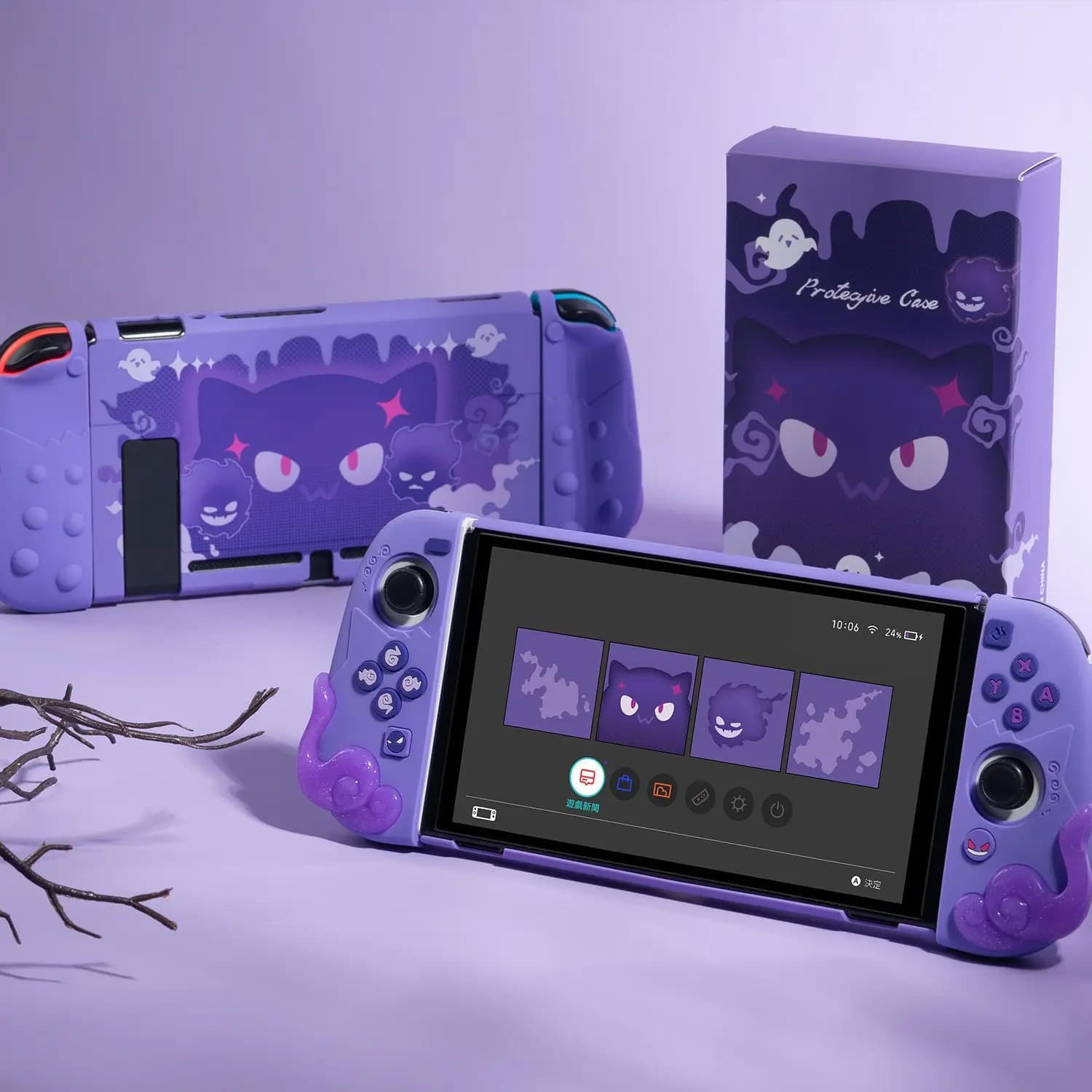 Custodia rigida in cristallo con custodia rigida Purple Devil Ghost per Nintendo Switch/OLed Joy-Con Controller TPU morbida con impugnatura completa