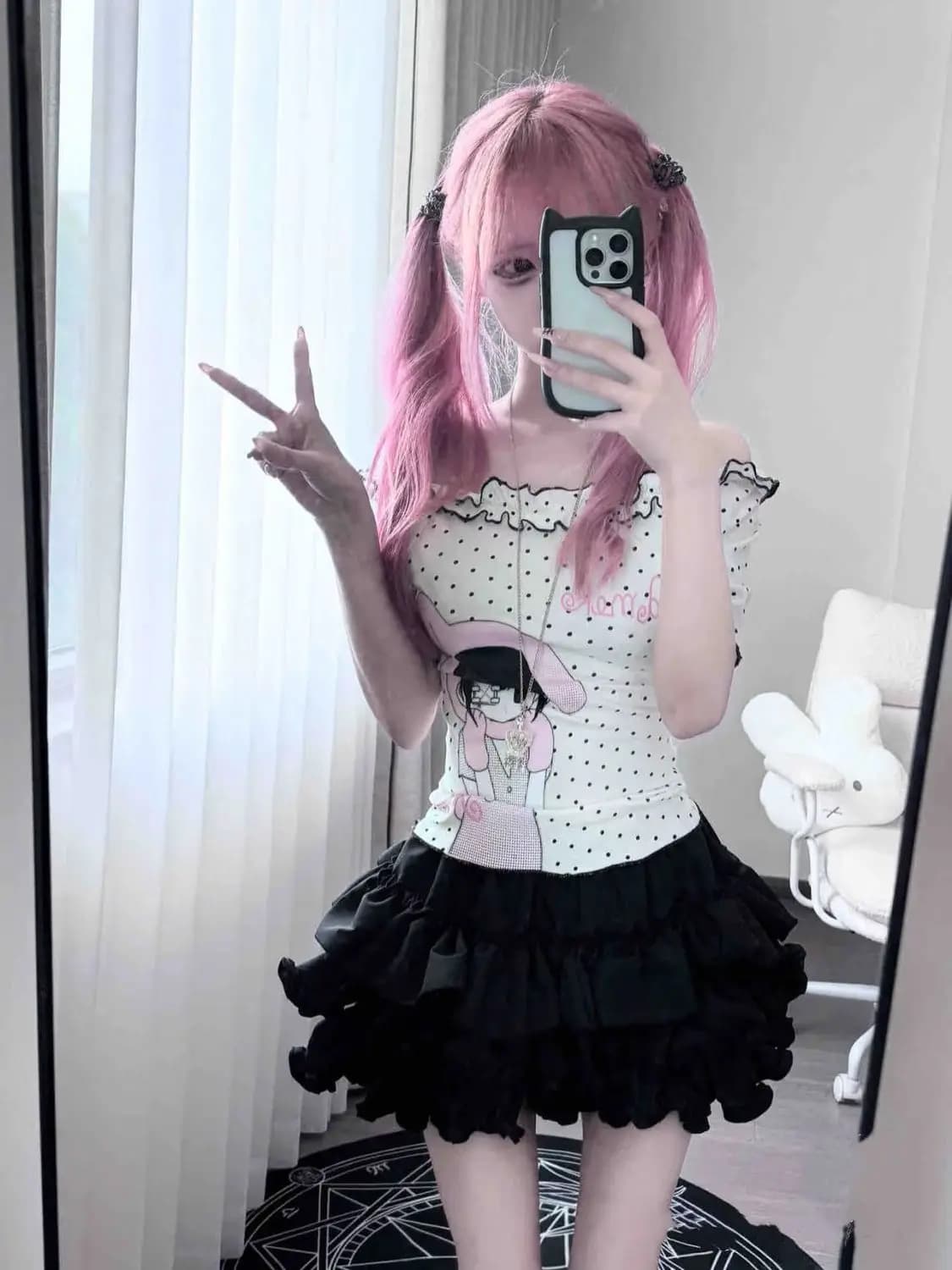 Japanese Summer Polka Dot T-shirt Women Skew Collar Cartoon Printing Kawaii Cute Tops Y2k Aesthetic Fairy Grunge Ruffled Tshirts