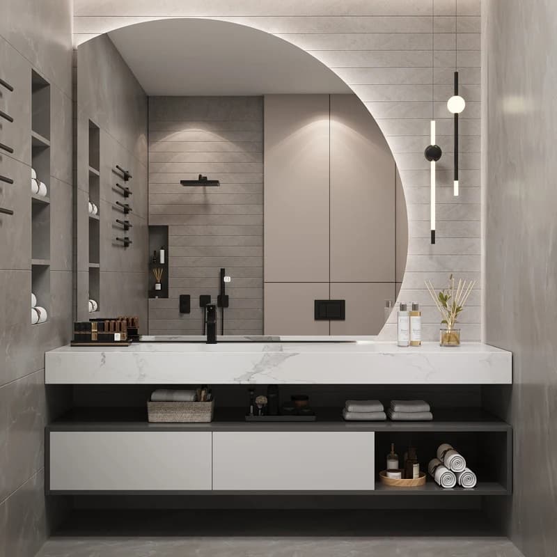 Mobile da Bagno Moderno in Legno con Specchio, Set di Arredamento Nero Piccolo 40-60 Pollici Sospeso