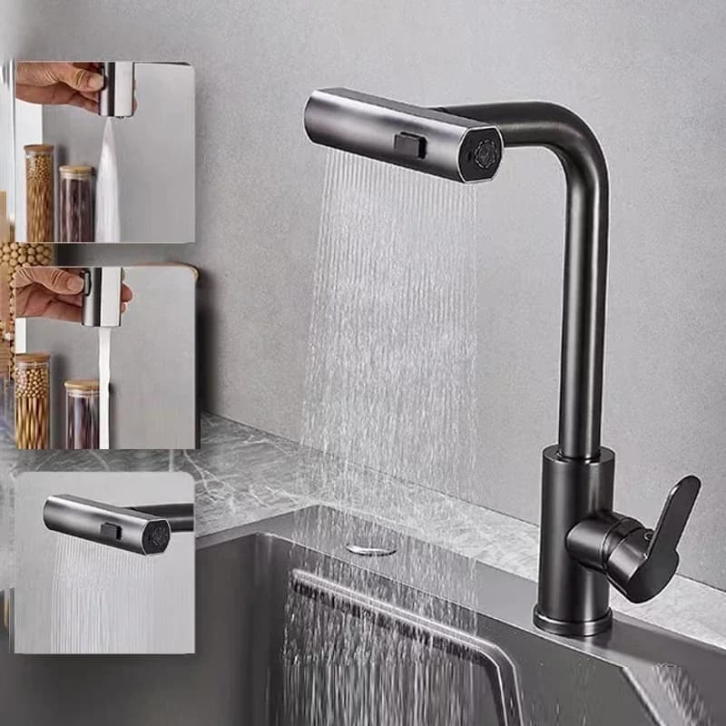 Rubinetti da cucina grigi Rotazione estraibile Cascata Spruzzatore a flusso Testa Rubinetto per acqua calda e fredda Rubinetto per lavabo