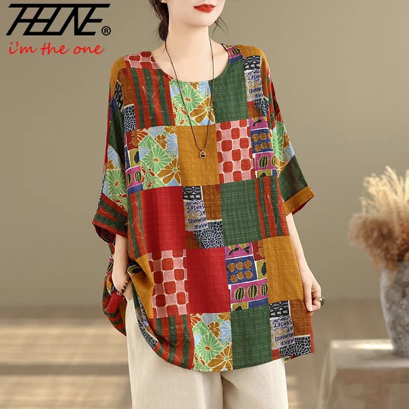 THHONE Women Shirts Print Loose Plus Size Cotton Linen Blouse Fashion Casual Indie Folk Batwing Sleeve O Neck Blusa Mujer Top