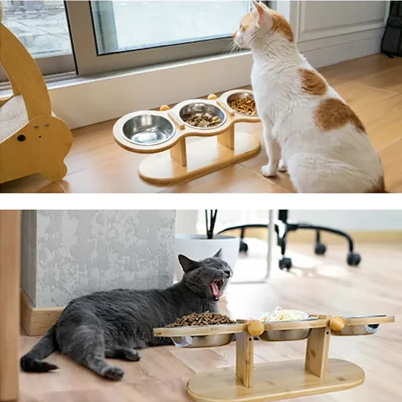 Ciotola per alimenti per animali domestici anti-detonazione con 3 ciotole in acciaio inossidabile Ciotola per animali domestici in legno regolabile e staccabile adatta per cani e gatti