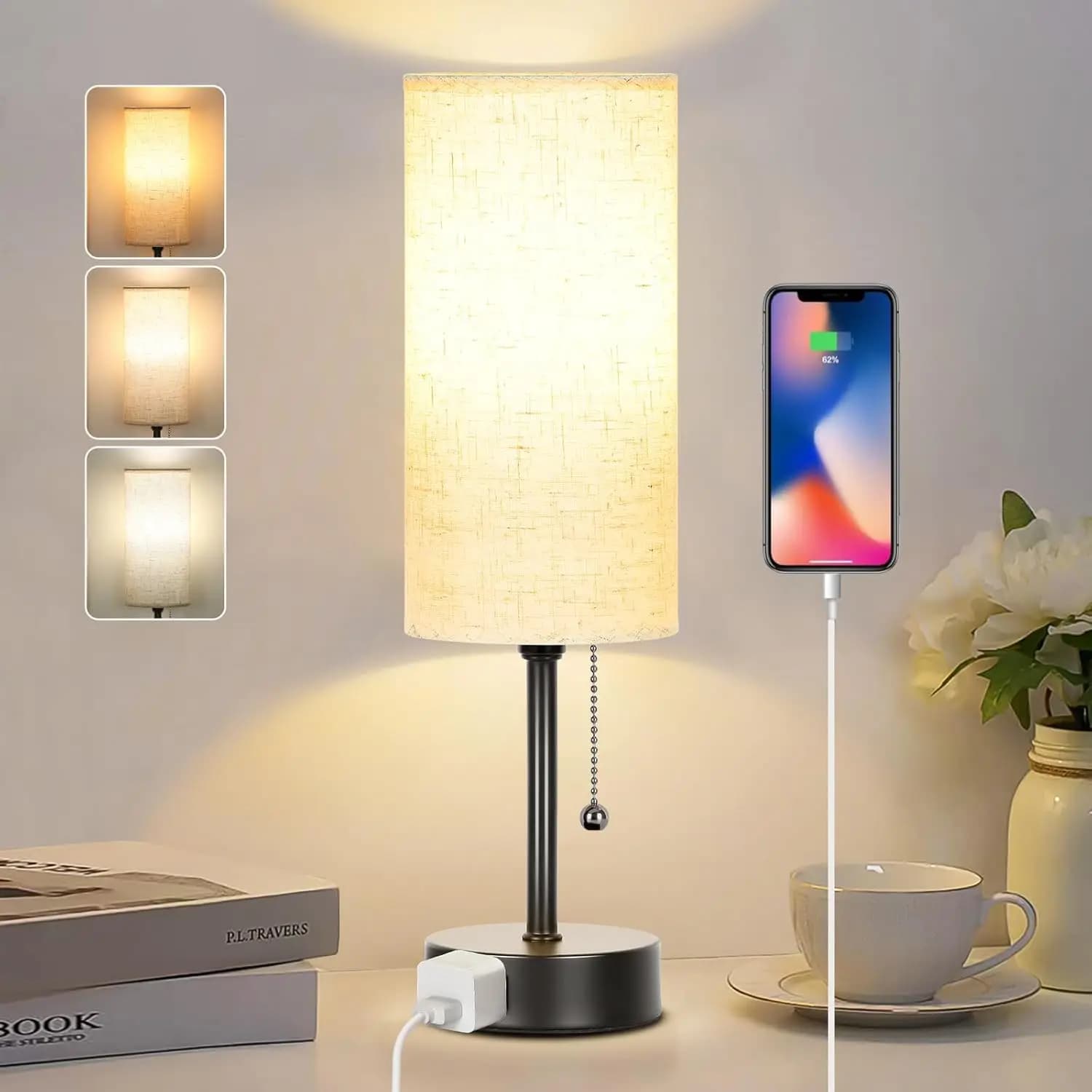 Lampada da Comodino a 3 Colori con Catenella e Presa AC, Piccola Luce Notturna per Camera da Letto, Lettura sullo Scrivania, Dormitorio, Ufficio - Lampadina Inclusa