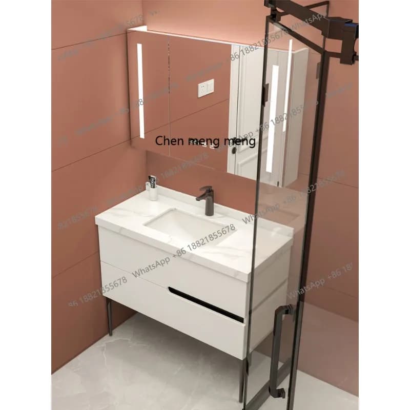 Mobile Bagno da Terra di Lusso con Lavabo, Armadietto, Specchio e Combinazione Smart Moderna in Stile Nordico
