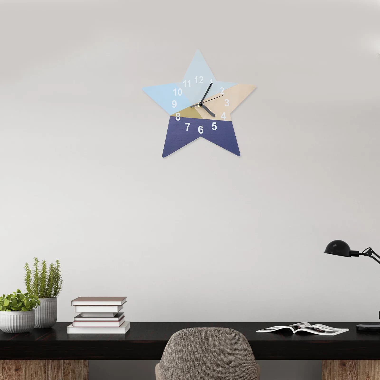 Orologio da Parete Blu con Stelle Geometriche, Decorazione Silenziosa per Camera da Letto, Asilo e Scuola