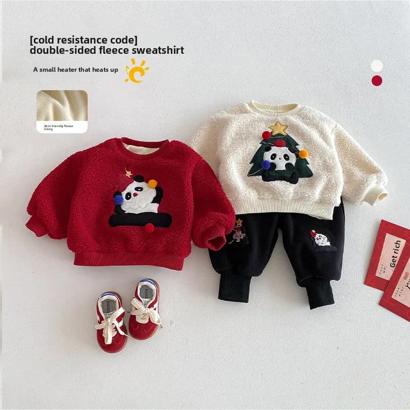 Abbigliamento festivo per bambini di Capodanno 2025 Nuovo pullover natalizio per ragazze con cappuccio in pile panda per ragazzi invernali