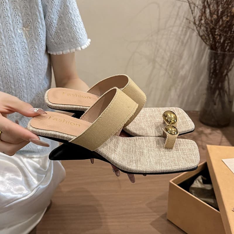 New Summer Square Toe Flip Slippers 2026 French Wedge Pop Toe Outer Wear Women's Shoes