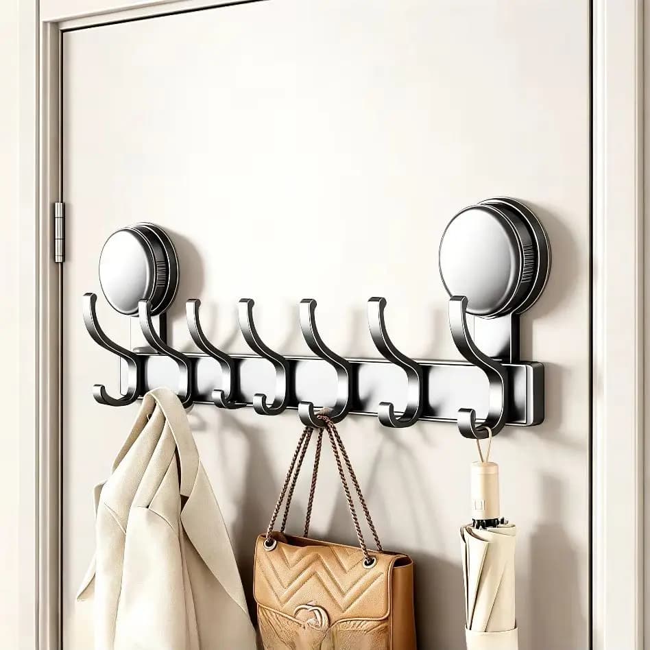 Heavy Duty No Drill Wall Mount Multifunctional Suction Cup Hooks, Kitchen Bathroom Towel Clothes Organizer