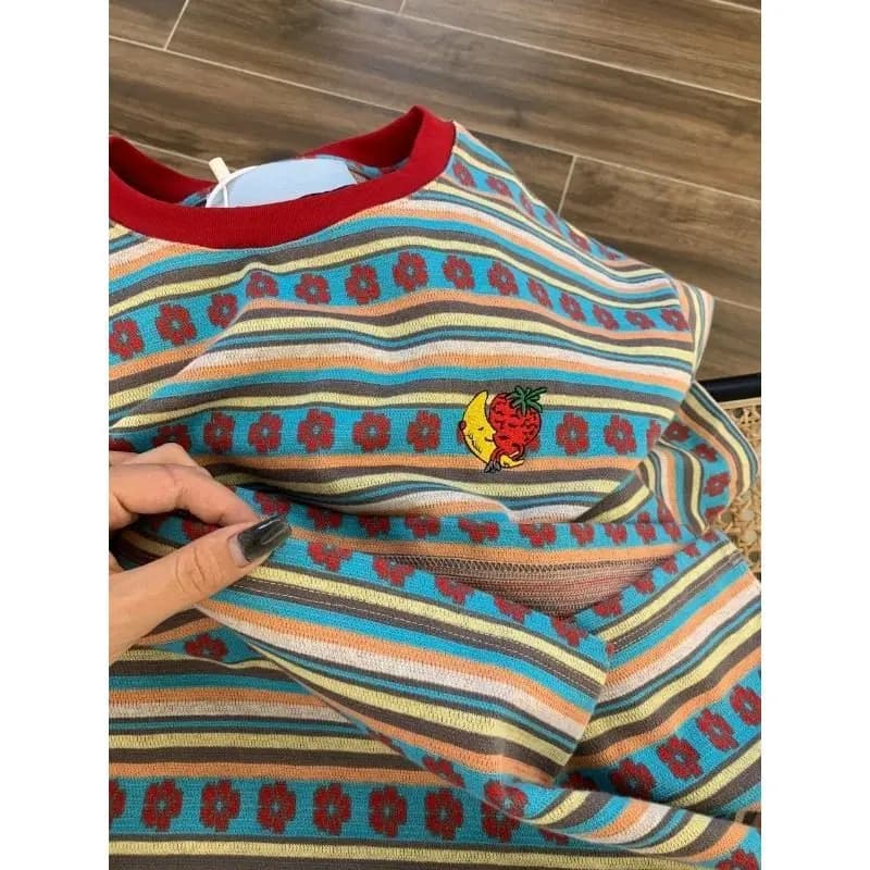 Retro Japanese Style Striped Short Sleeve T-Shirt Women's Summer Versatile plus Size Big MM300 Pounds High-End Feeling Half S...