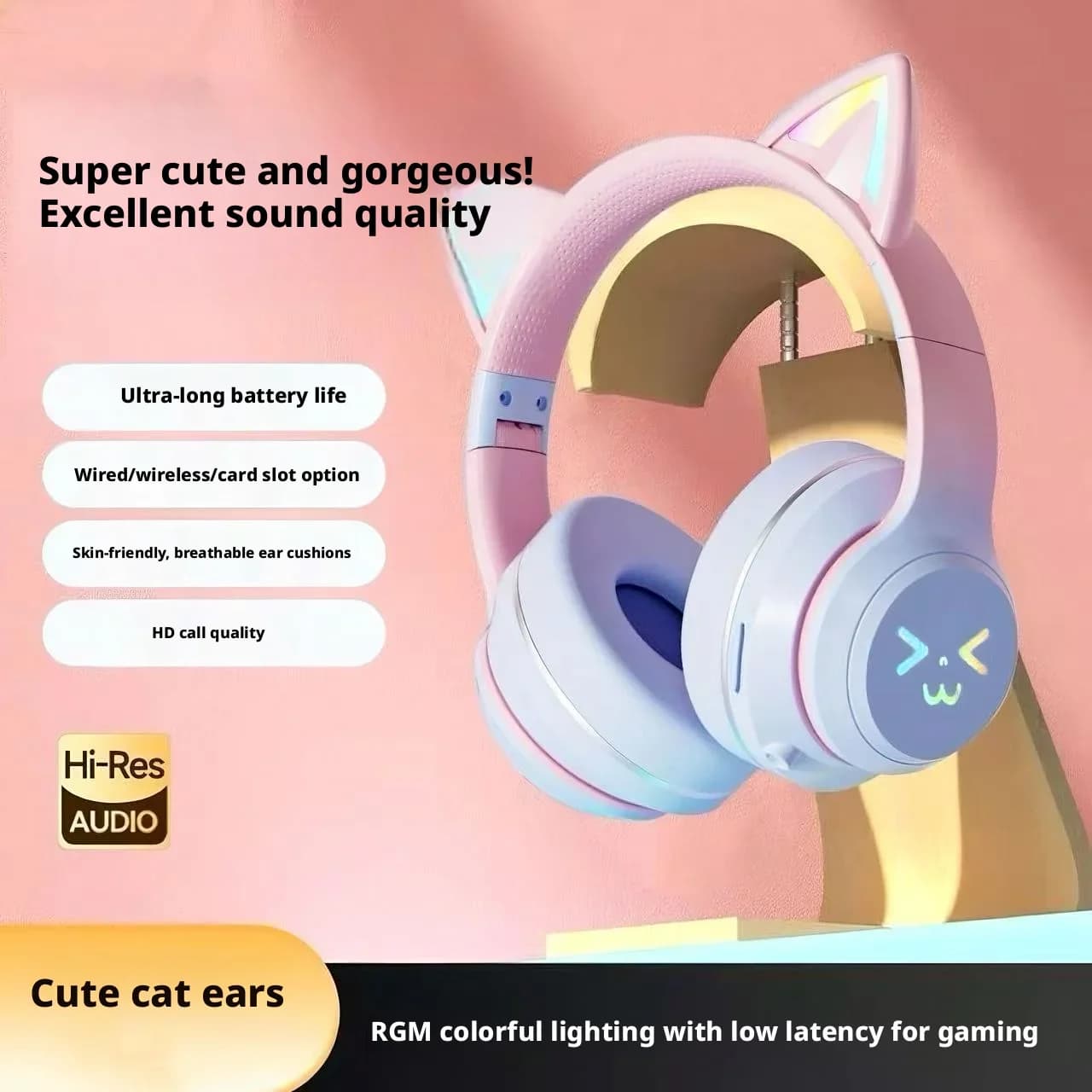 SOYTO RGB Luminous Cat Ear Bluetooth Wireless Gaming Headset Low Latency HD Call Skin Friendly Over Ear Earphone Girls Gift