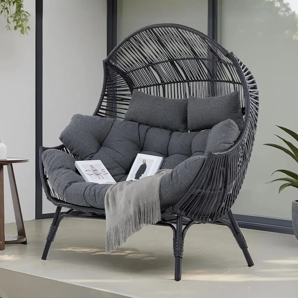TIFICY Armchair in wicker for 2 persons, pillows and oversize headrest, egg sofa with capacity of 680 pounds for interior, patio, living room R