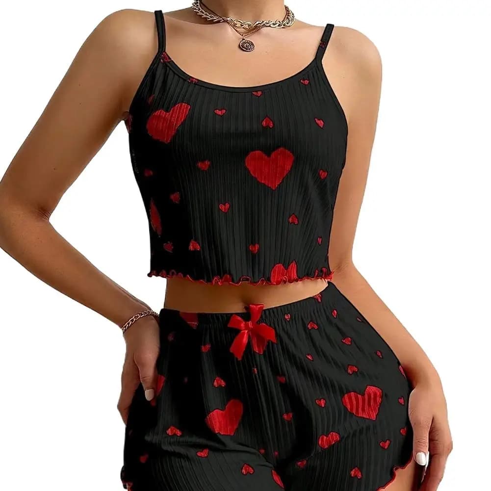 Women's Pajamas Set Sleepwear 2 PCS Short Tank Tops and Shorts S M L White Ventilate Soft Casual Heart Printing