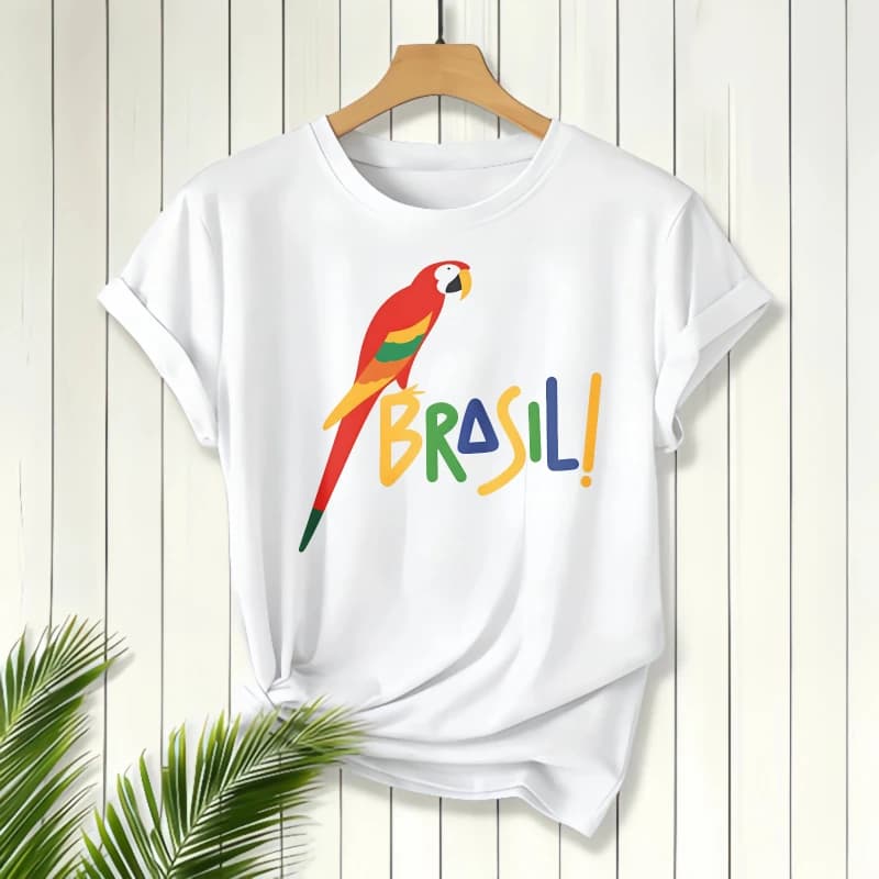 Parrot And Brasil Text Print, Casual Short Sleeve T-Shirt, Women's T-Shirt, Summer Vacation Wear