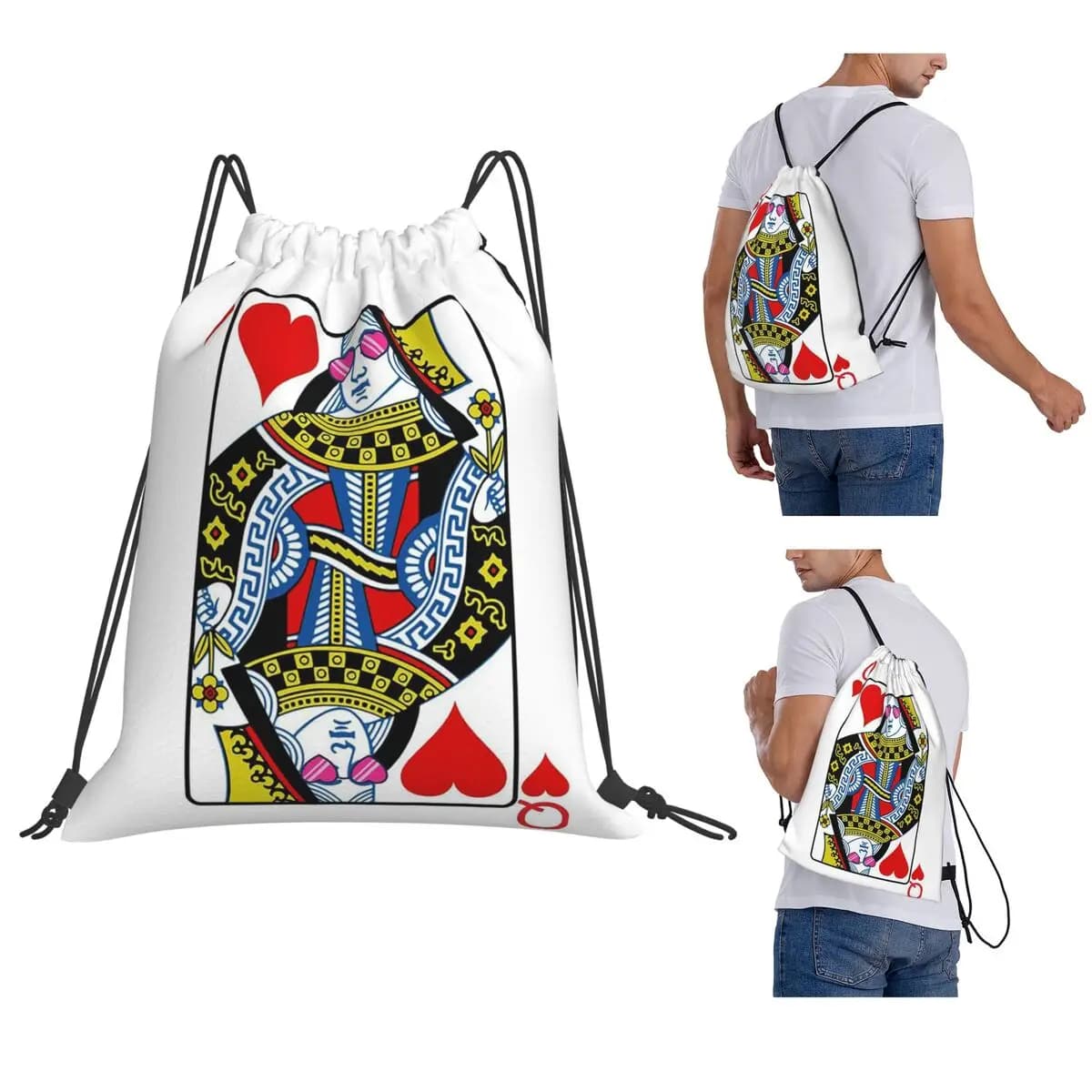 Casino Nights Red Queen Of Hearts Zaini portatili con coulisse, borsa sportiva con tasca, borse per libri per studenti in viaggio