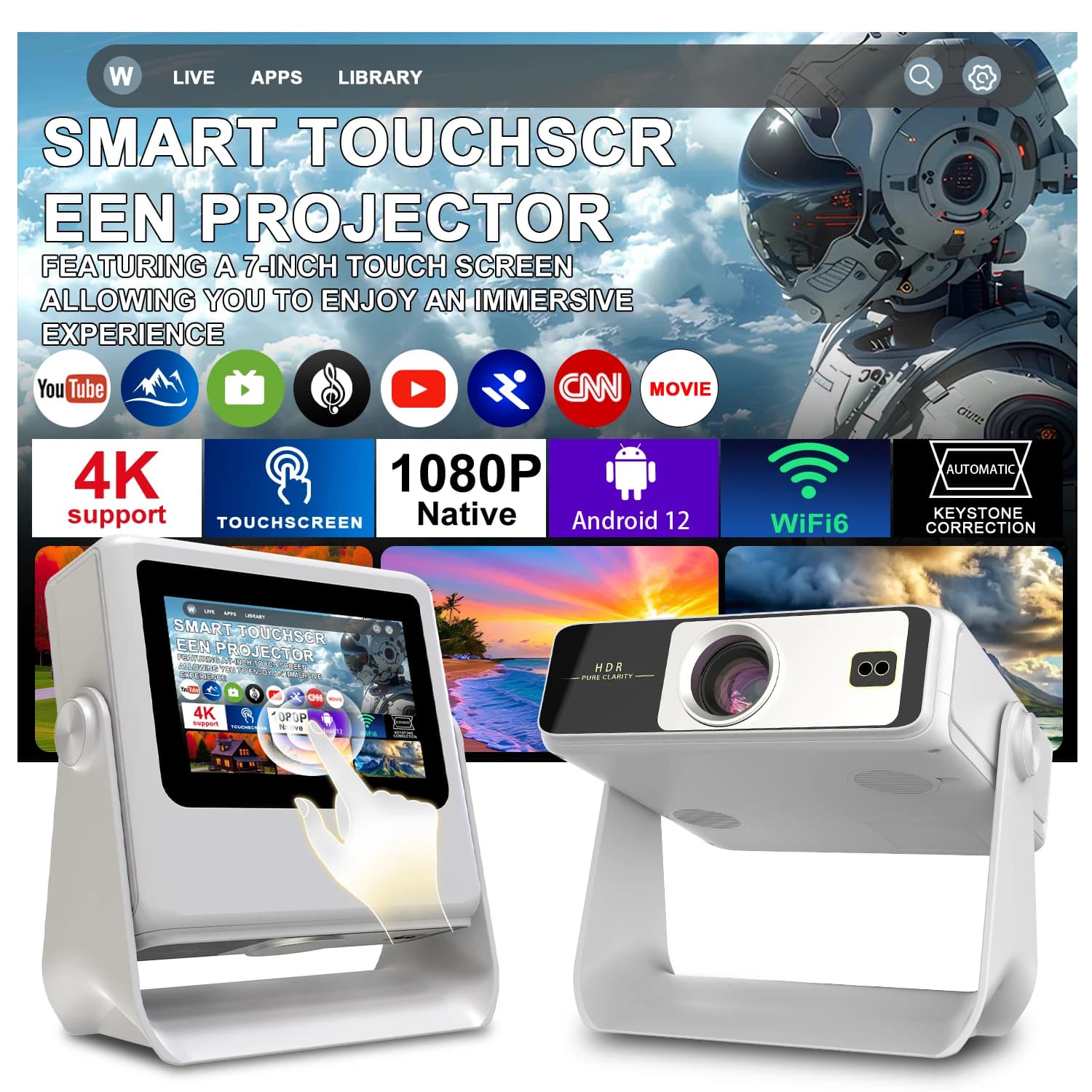 Native 1080P 4K Smart Projector 7 Inch Touch Screen Auto Keystone Ceiling View Bluetooth WiFi HDMI for Bedroom