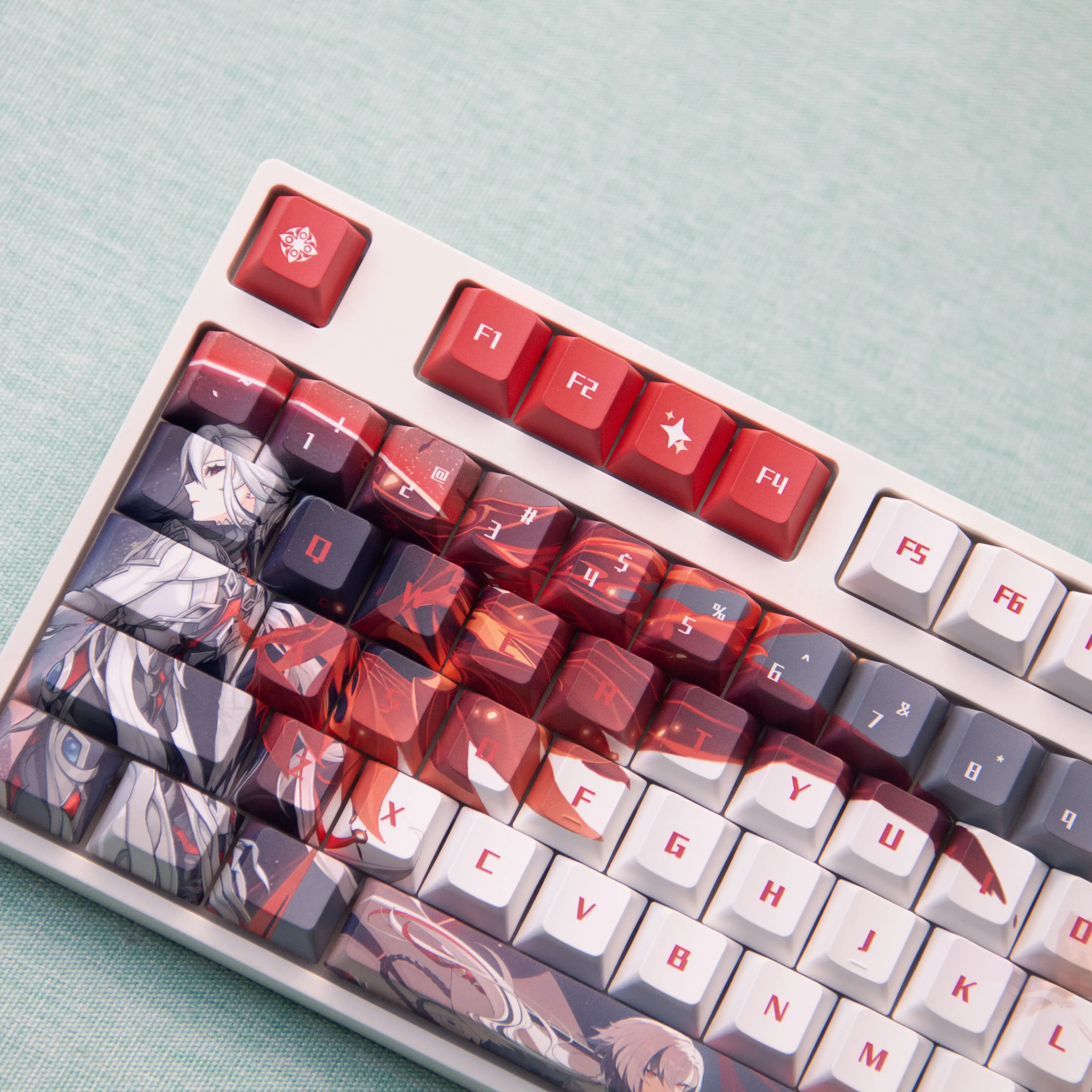 128 tasti Tema Arlecchino Genshin Copritasti personalizzati Chreey PBT Anime Gioco Stampa laterale Trasparente Dye-Sub Tastiera meccanica
