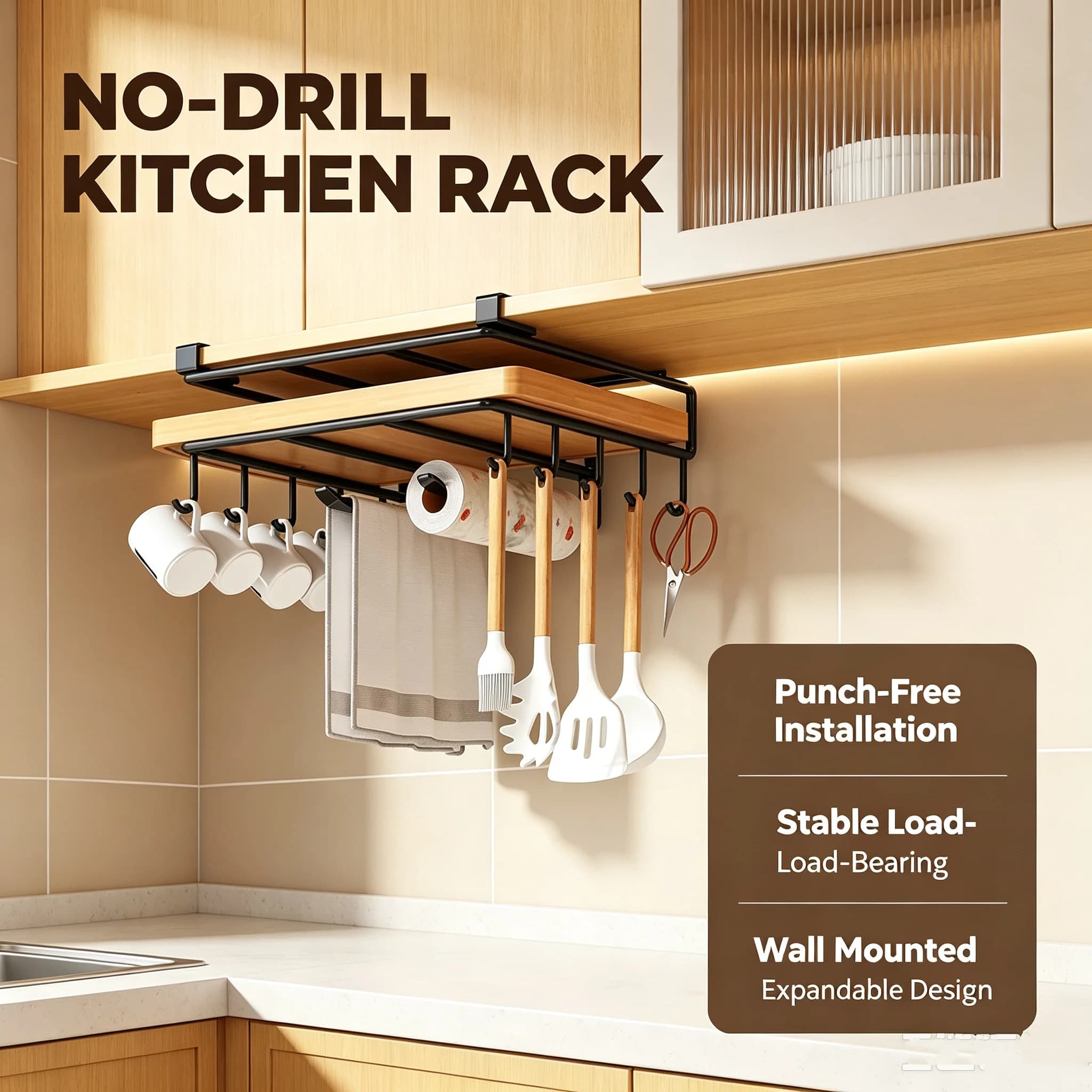 Hooks Multi-Purpose Storage Shelf for Paper Towel Cutting Board Pot Lids Under Cabinet Portable Storage Kitchen Organizer Rack