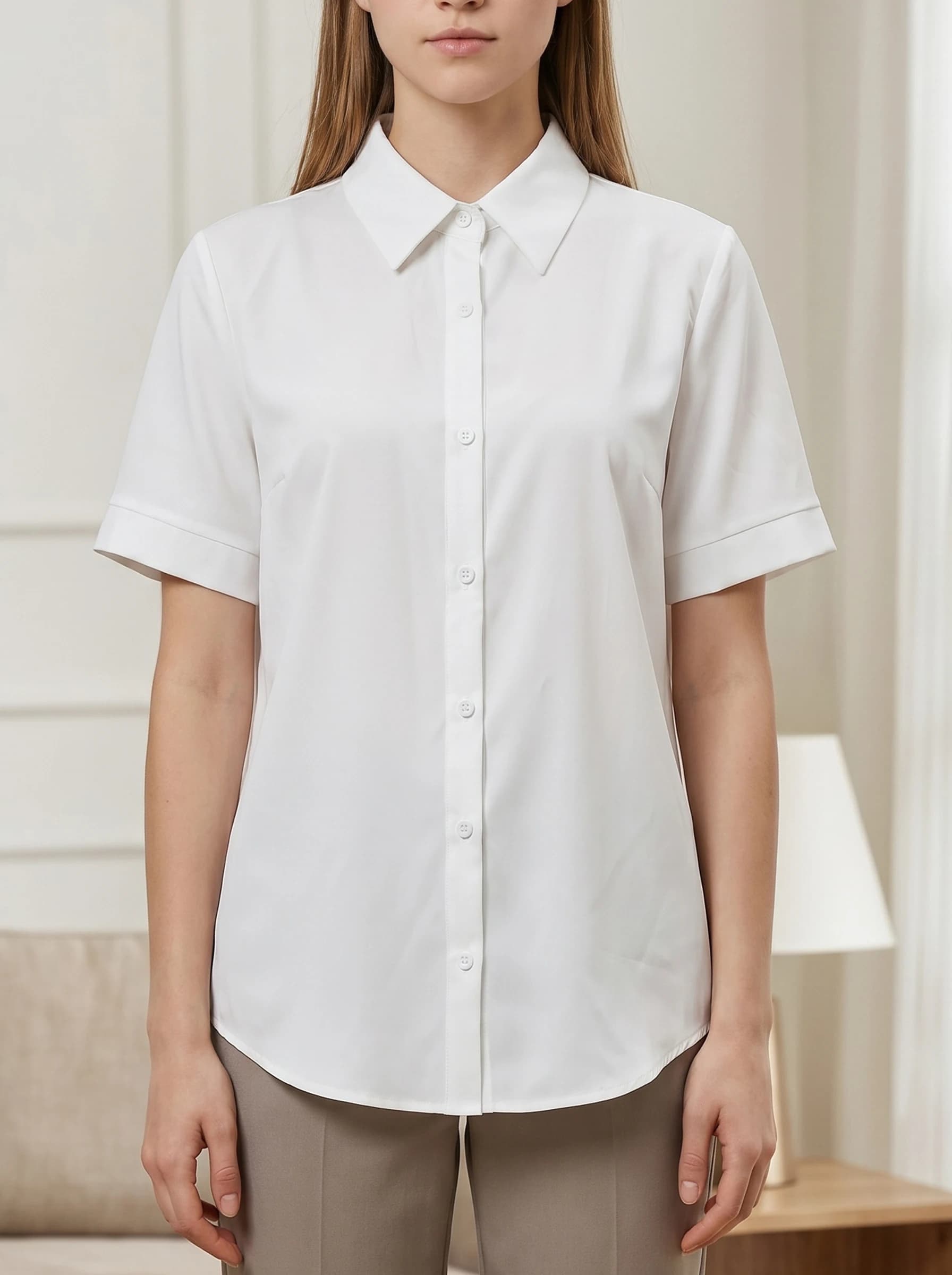 Rosa fera Women White Blouse Short Sleeve Button Up Shirt Turn Down Collar Slim Fit Office Top