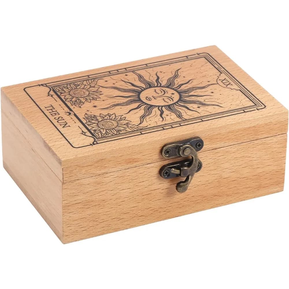 Sole e girasoli Scatola portaoggetti per tarocchi in legno di faggio per carte dei tarocchi Scatola per gioielli con incisione Scatola per carte dei tarocchi per supporto per riporre Santi