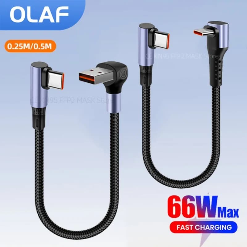 66W 90 Degree Elbow Short USB A/USB C To Type C Fast Charging Data Cable For iPhone 16 15 Power Bank 0.15/0.25/0.5m USB C Cable
