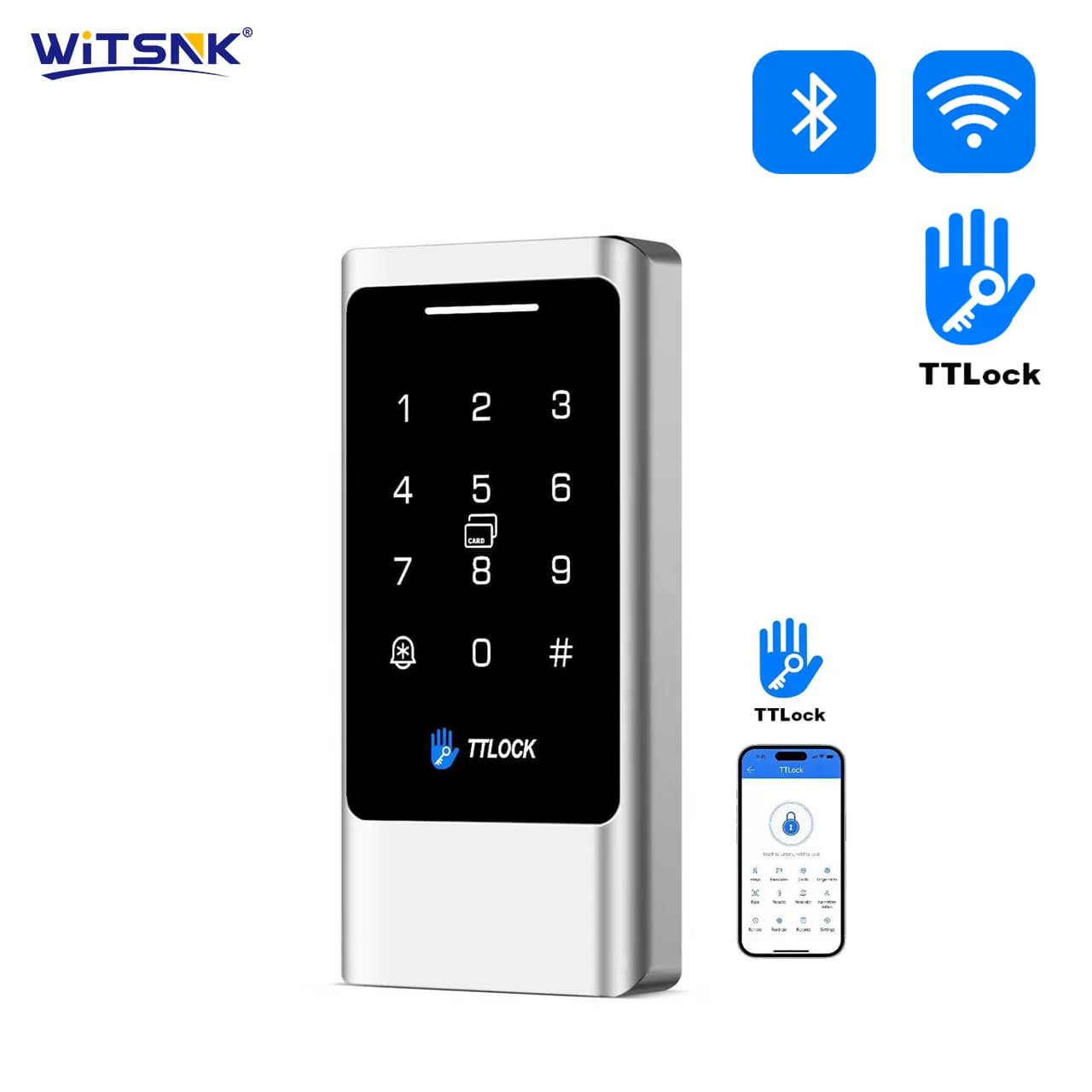Sistema di Controllo Accessi Smart Bluetooth TTLock per 1000 Utenti, con Scheda IC, NFC, Tastiera Touch, Impermeabile IP66, per Esterni, con Cassa in Metallo