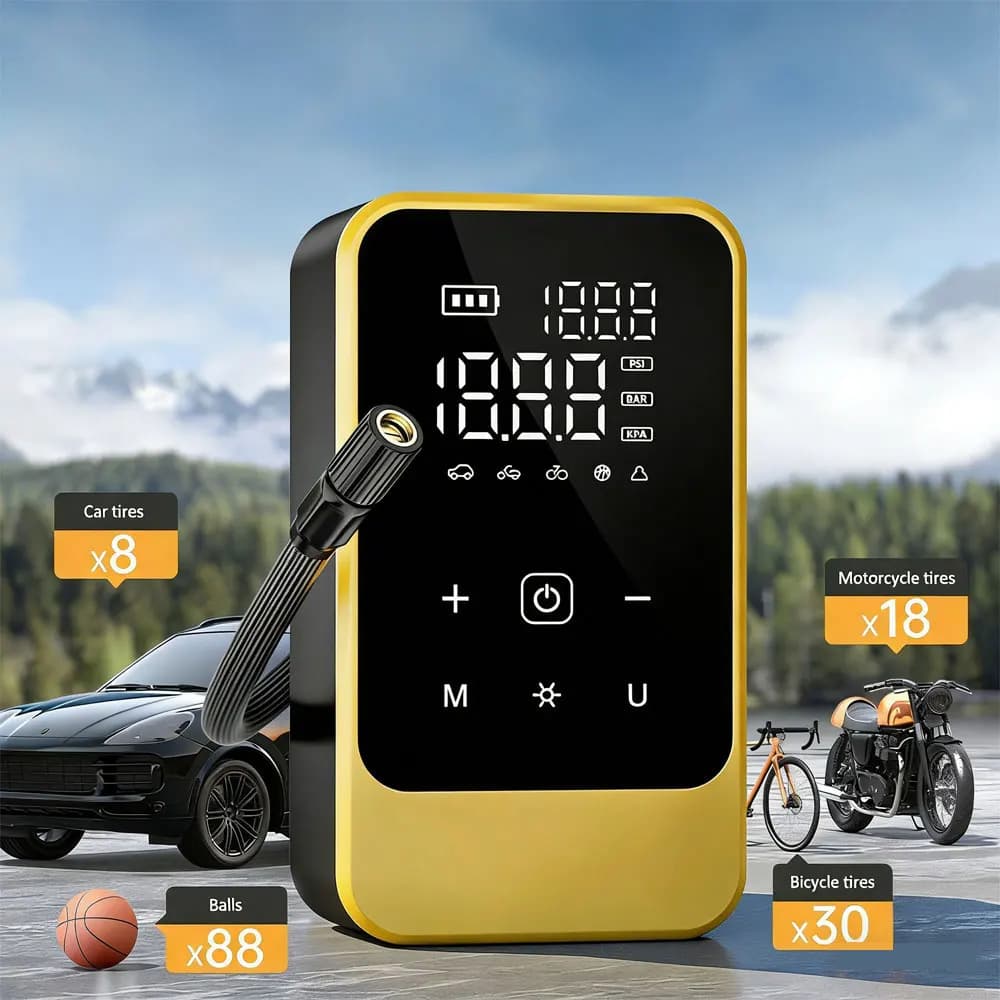 Compressore d'aria wireless portatile con touchscreen, gonfiatore elettrico digitale per pneumatici di auto, moto, biciclette e palloni, compatto e mini.