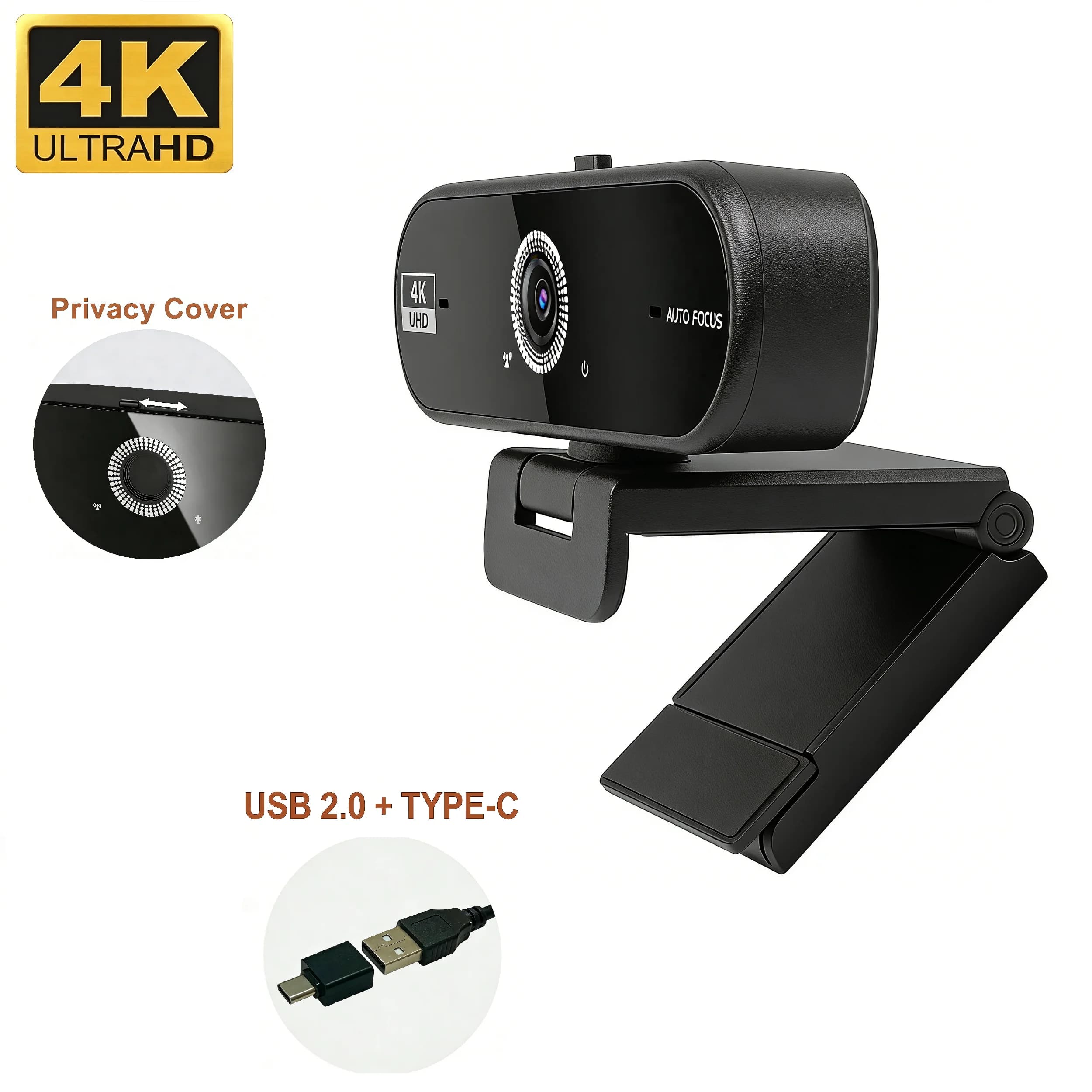 Webcam 4K per PC 30fps con Autofocus, USB 2.0 Type-C, Copertura Privacy, Microfono con Riduzione del Rumore, Esposizione Automatica