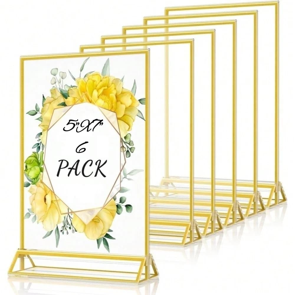 6 Pack 5x7 Acrylic Sign Holders Double Sided Gold Frame Clear Plastic Picture Frames Vertical Table Menu Display Stands for Wedd