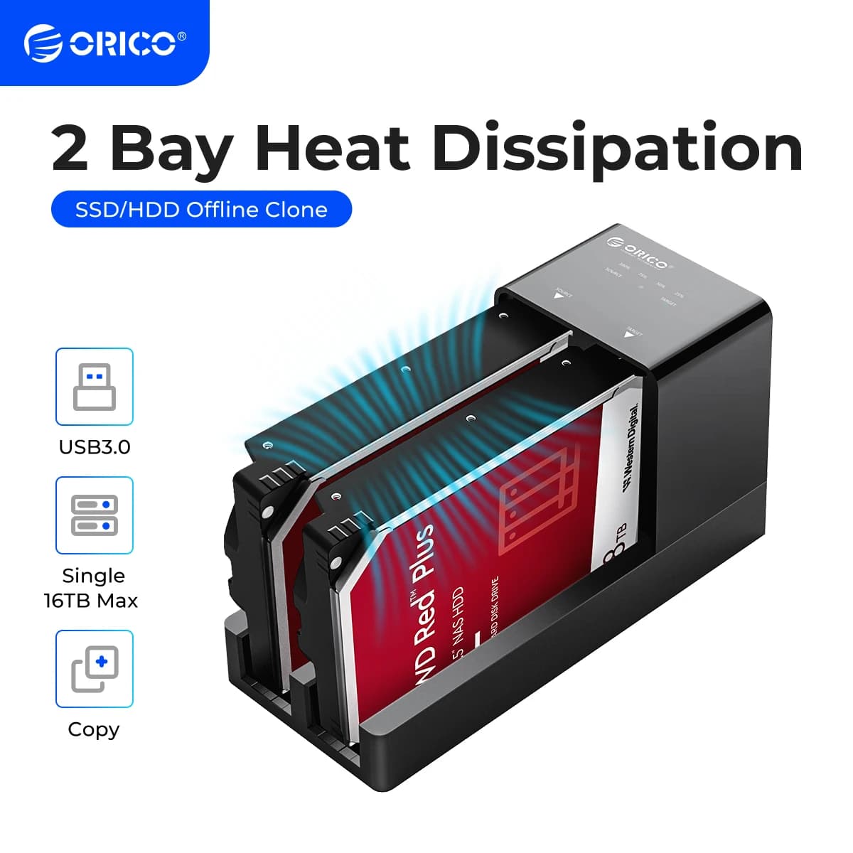 Docking station per HDD ORICO a 2 alloggiamenti con clone offline da SATA a USB 3.0 Docking station per disco rigido per custodia per disco rigido da 2,5/3,5 pollici