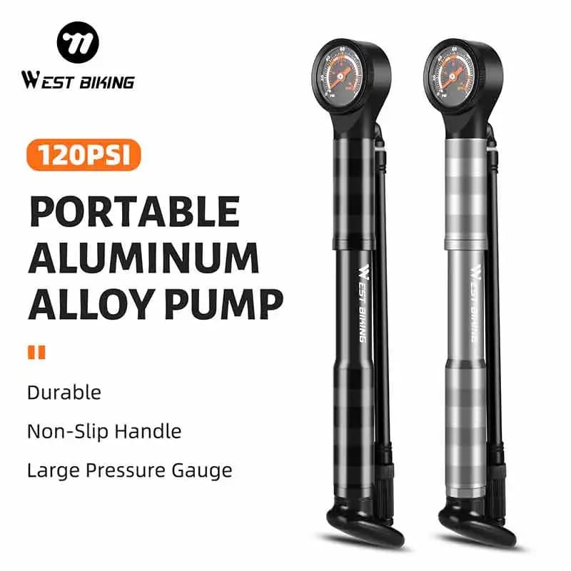 WEST BIKING Mini Bicycle Pump Aluminum Portable Hand Pump 120PSI Schrader Presta Valve with Gauge for Bike Tire Bike Accessories