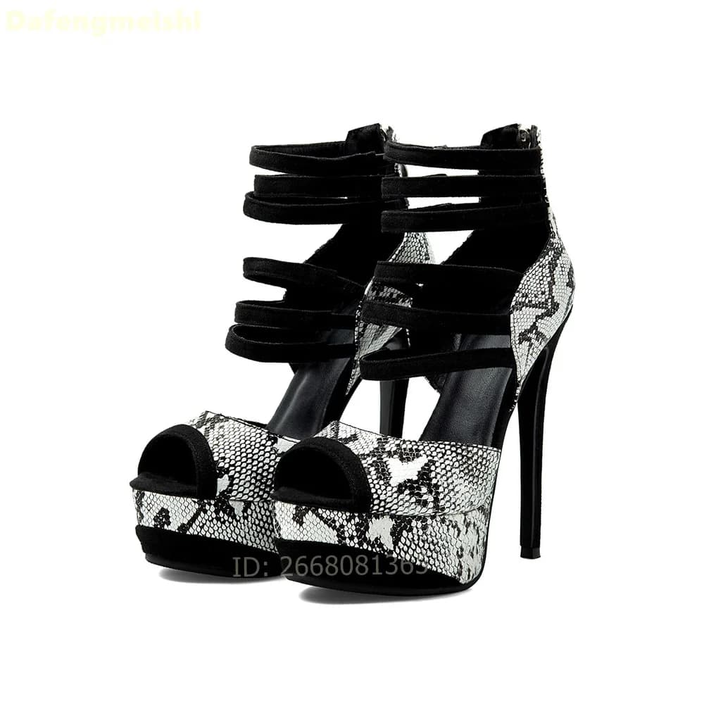 Snake Print Platform Ankle Strap Sandals Peep Open Toe Multi Thin Strap Back Zipper Stiletto Heels Women Gothic Party Shoes
