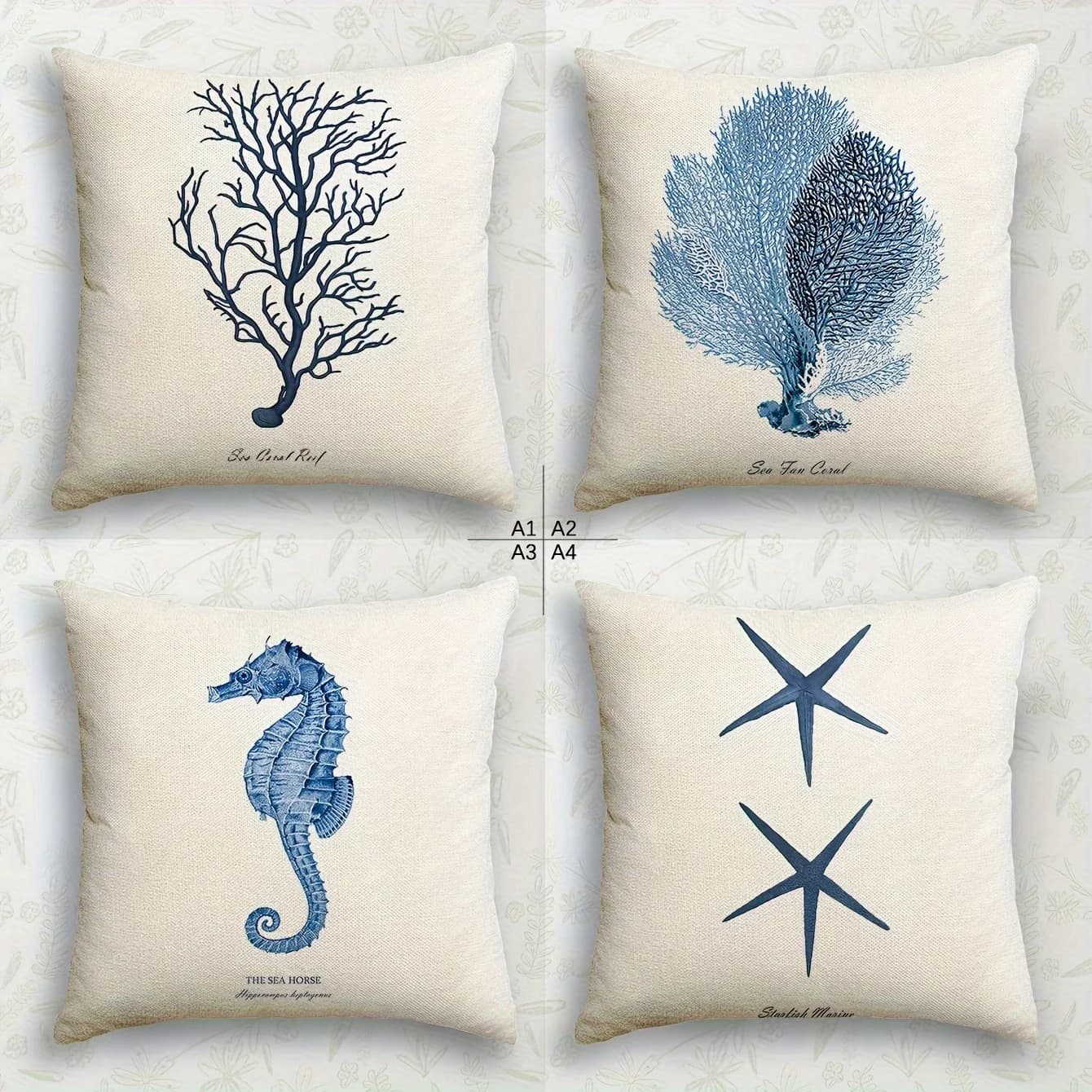Fodere per cuscini a tema nautico da 4 pezzi - Fodere per cuscini quadrate stampate vintage Sea Life per casa da spiaggia/soggiorno