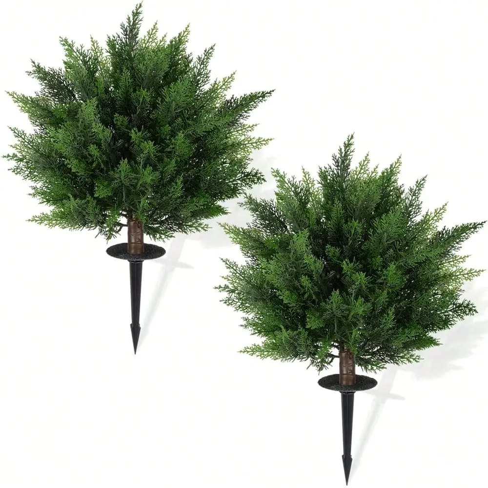 Nuovo Set di 2 Alberi Artificiali a Sfera di Cedro da 28,35 Pollici con Picchetto per Terra, Piante Finte di Bosso e Cipresso per Interni ed Esterni