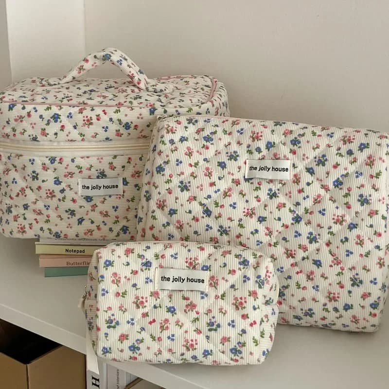Borsa per il trucco delle donne del fiore dell'annata borsa in velluto a coste borsa per cosmetici femminile portatile borsa trapuntata con cerniera per Organizer da viaggio