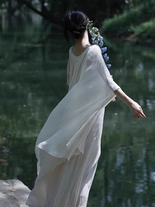 Nuovo Abito Lungo Estivo da Donna in Stile Zen Cinese Bianco, Vestito Ampio e Sottile a Linea A in Tessuto Leggero