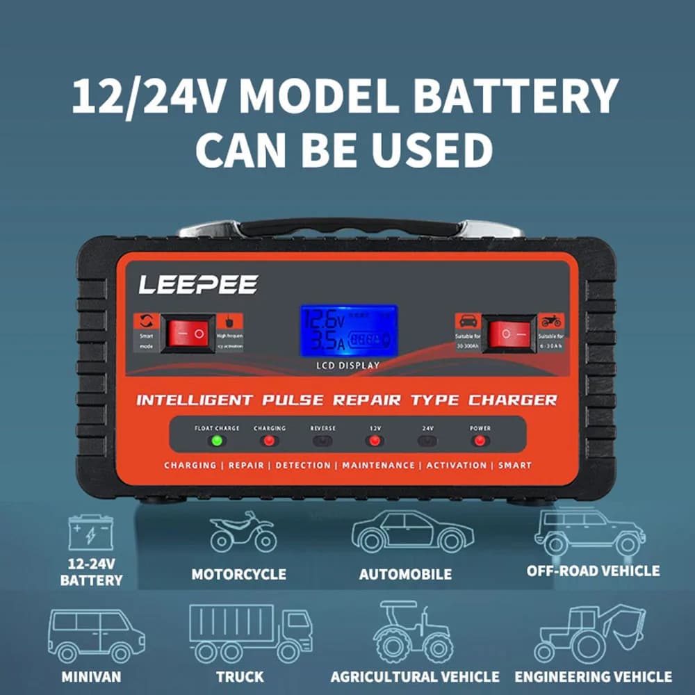 Intelligent Charger for Auto, SUV, Moto, Truck 12V 24V 300Ah with Digital LCD Display and Impulse Repair, EU/US Plug