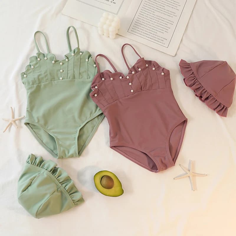 Costume da bagno intero estivo per bambina con perle e cappello, senza maniche, per bambine da 1 a 8 anni