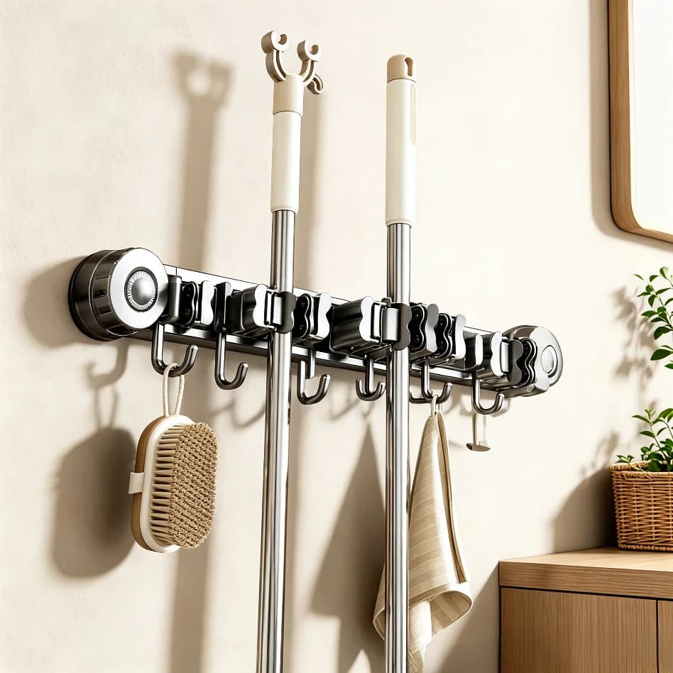Wall Mount Broom Mop Clamp Household Suction Cup Hook No Drill Bathroom Storage Rack