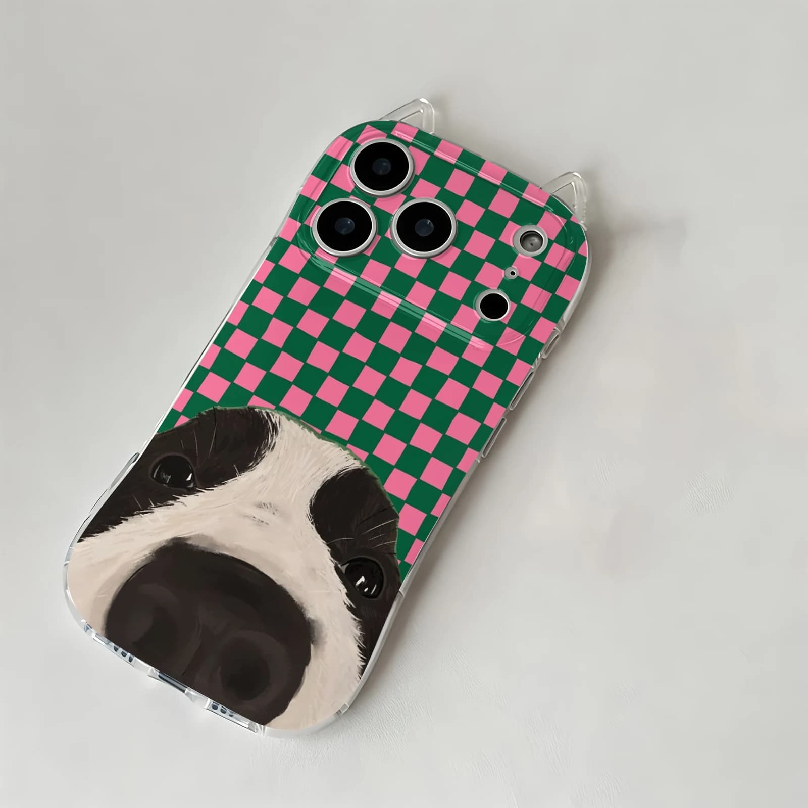 Creative Grid Pattern Puppy Phone Case for IPhone Air 17 Pro Max 16 Plus 15 14 13 12 11 Pro Max Cat Ears Soft Back Cover