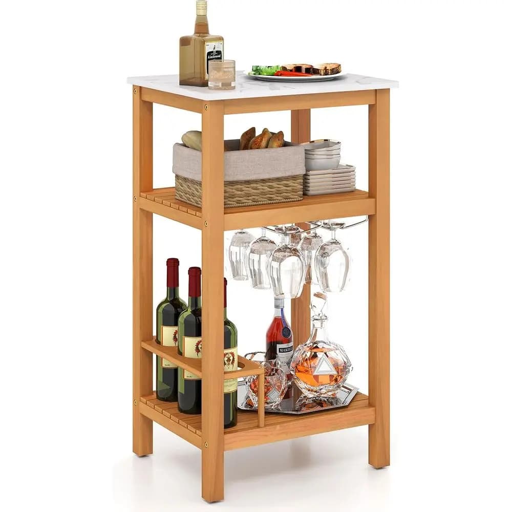 Tavolino da esterno, tavolo da bar a 3 livelli in legno di acacia con piano effetto marmo, 2 ripiani a doghe, porta bicchieri e porta bottiglie, piccolo contenitore