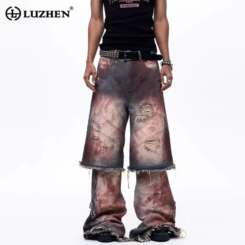 LUZHEN 2026 Primavera Originale High Street Jeans Casual da Uomo Lavati Effetto Usurato Gamba Dritta Design a Doppio Strato Pantaloni in Denim Larghi JY6347
