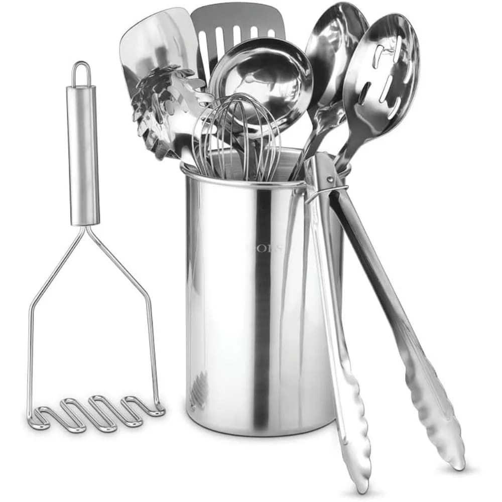 Set di 10 Utensili da Cucina Premium in Acciaio Inox con Supporto, Facili da Pulire, Salvaspazio, per Cucinare e Preparare