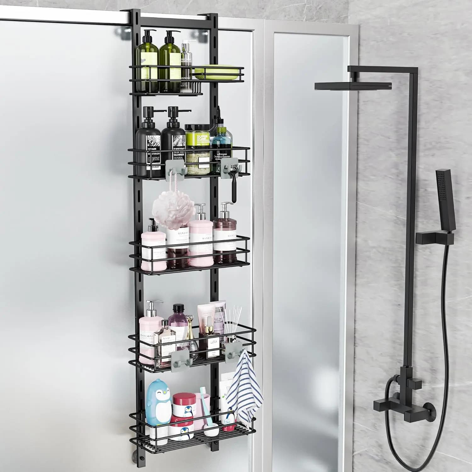 Organizzatore da Bagno Nero Antiruggine a 5 Livelli Regolabile da Appendere Sopra la Porta con Ganci, Porta Sapone e Ventose