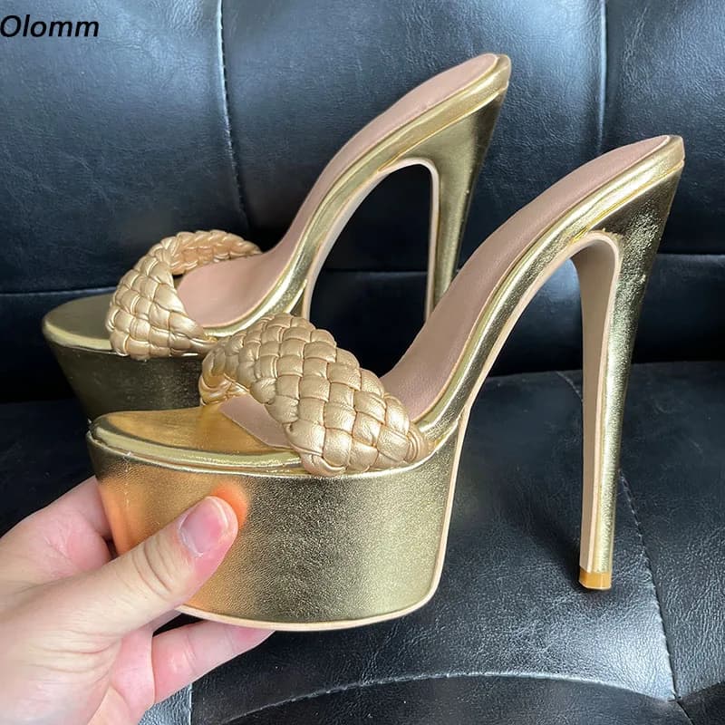 Olomm High Quality Women Summer Sandals Stiletto Heels Open Toe Pretty Gold Ladies Party Shoes US Size 35 43 44 45 46 47