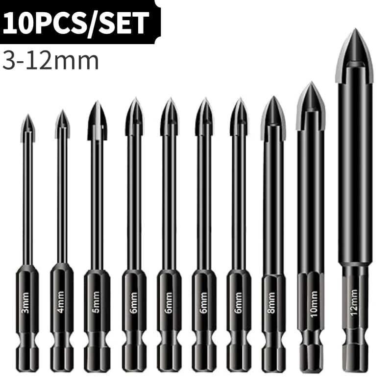 10 pcs drill bit s 3-12mm drill bit set for tiles and multi-purpose glass with hexagonal stem tungsten carbide drilling tools